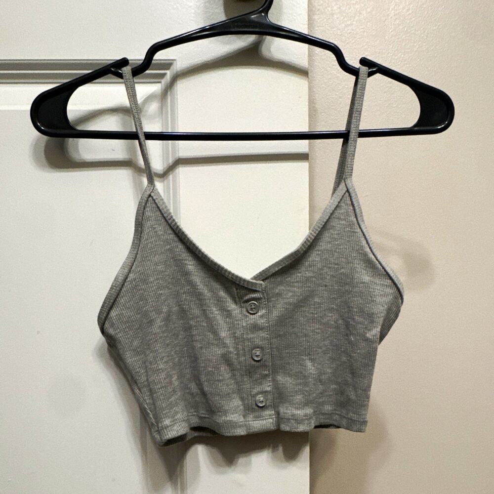 Alo Gray Ribbed Modal/Elastane Button Front Wireless Sports Bra 2XS